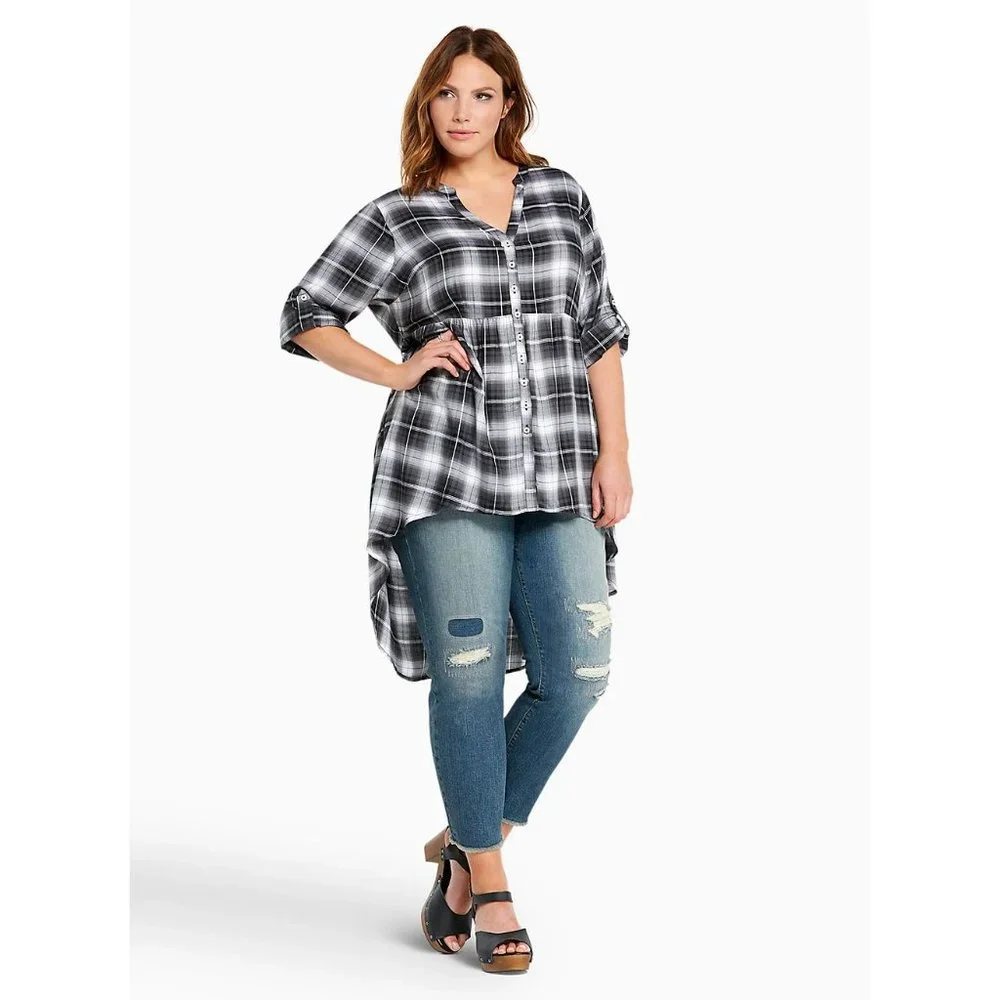 TORRID Plaid Button Front Hi-Lo Babydoll Midi Top Blouse sz 1X Women's Plus - Picture 11 of 12